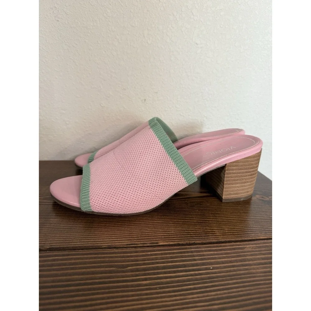 Vionic Women's Papaya Fleur Heeled Pink Knitted Sandal Size 10